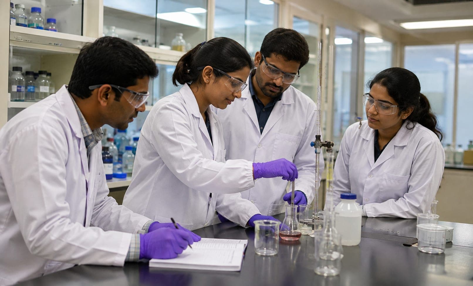 Analysts carrying out a titration and recording the results